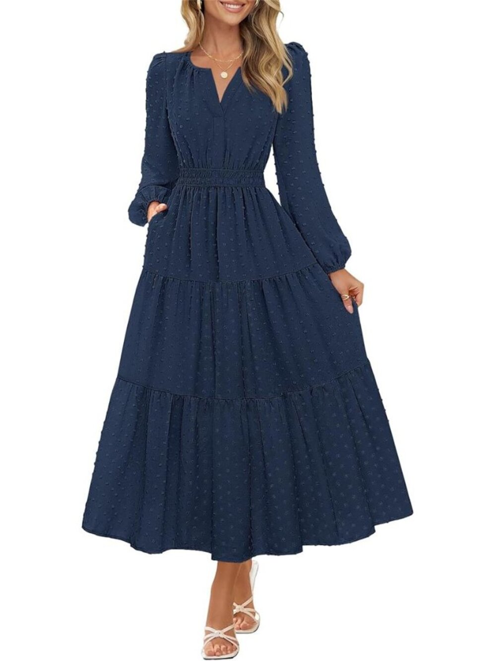MEROKEETY Womens Fall Long Sleeve Swiss Dots Boho Maxi Dress